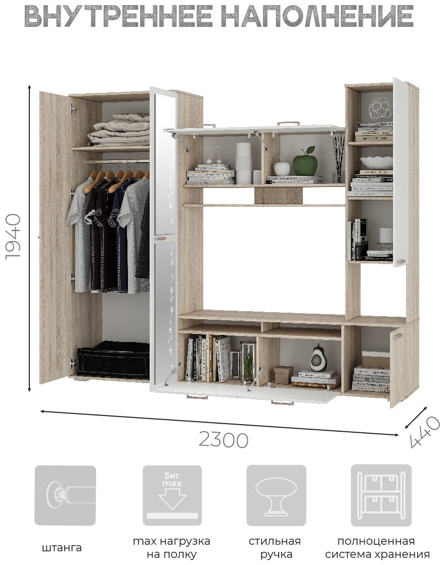 Стенка DOMA LUKA 2.3M 51561 230х194х44 см, белый, бежевый купить,NaN