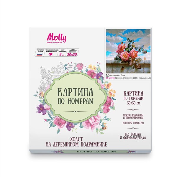 Картина по номерам  Molly Антонов А. Розы 30х30   28 цветов купить,NaN