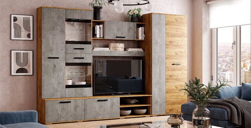 Стенка DOMA TR-2.8 280х186х46 см, серый, коричневый купить,NaN