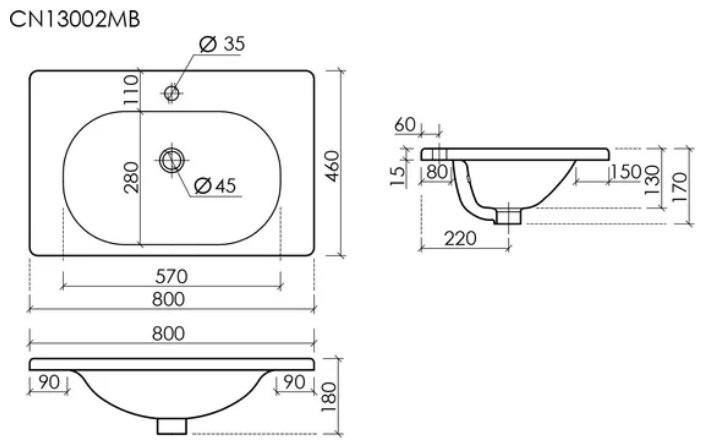 Раковина Ceramicanova Sabo CN13002MB накладная прямоугольная 80, санфарфор