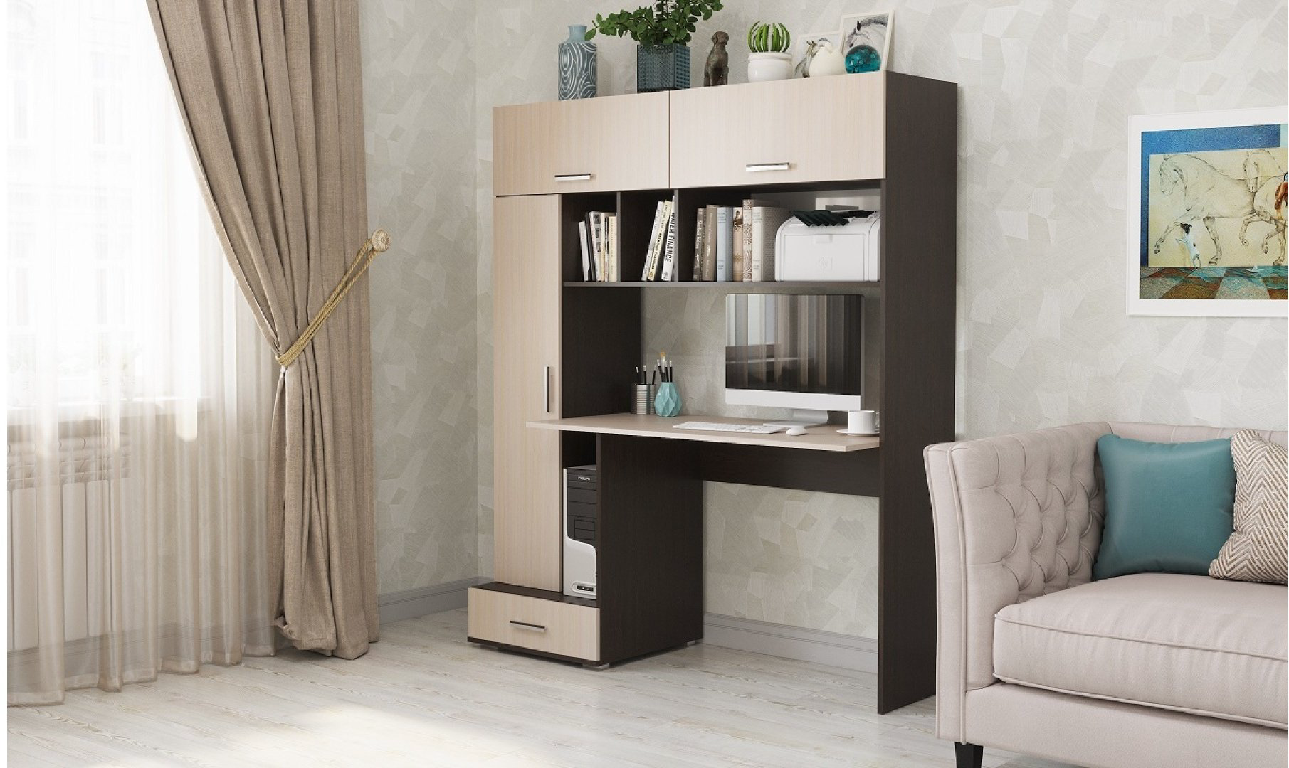 Стол компьютерный с надстройкой DOMA PK-001, 150х57x180 см, бежевый, темно-коричневый купить,NaN