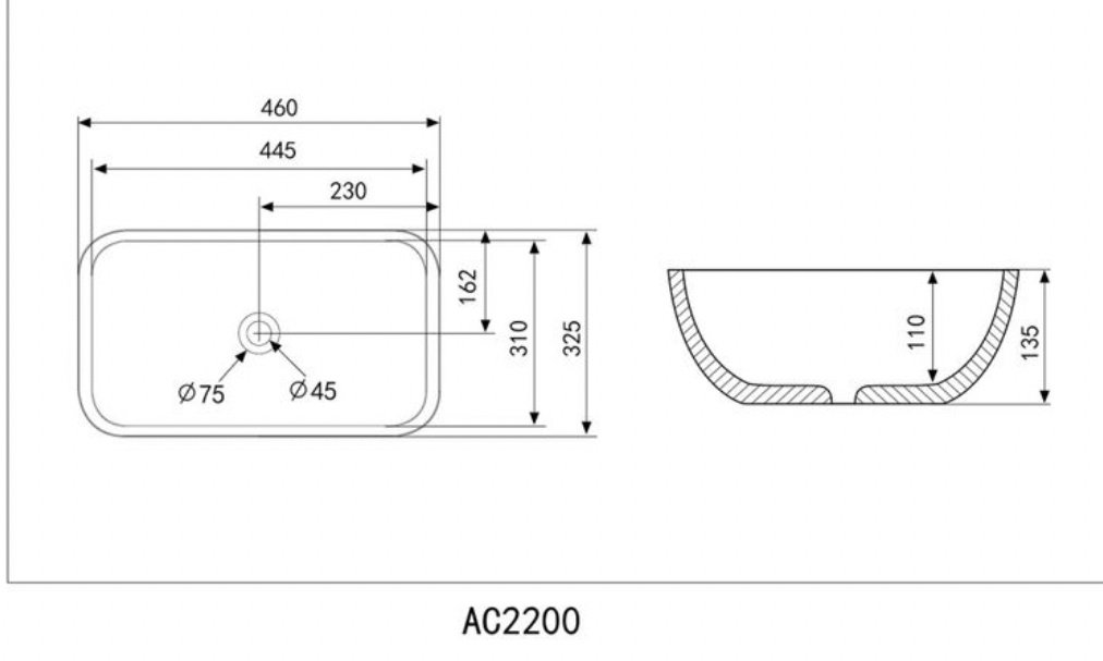 Раковина Abber AC2200MMG накладная прямоугольная 46, фаянс