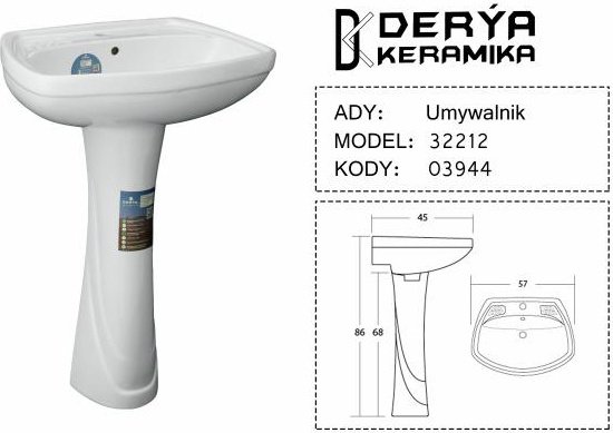 Раковина Derya Keramika 32212 с пьедесталом овальная 57, фаянс купить,NaN