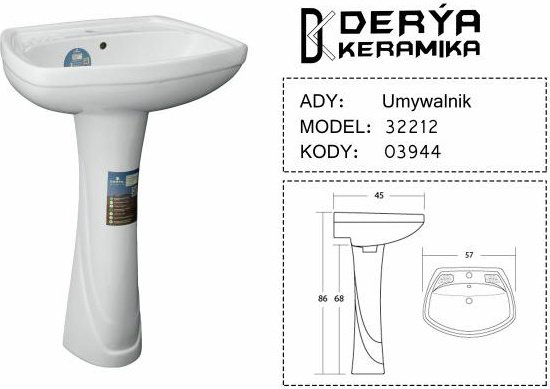 Раковина Derya Keramika 32212 с пьедесталом овальная 57, фаянс купить,NaN