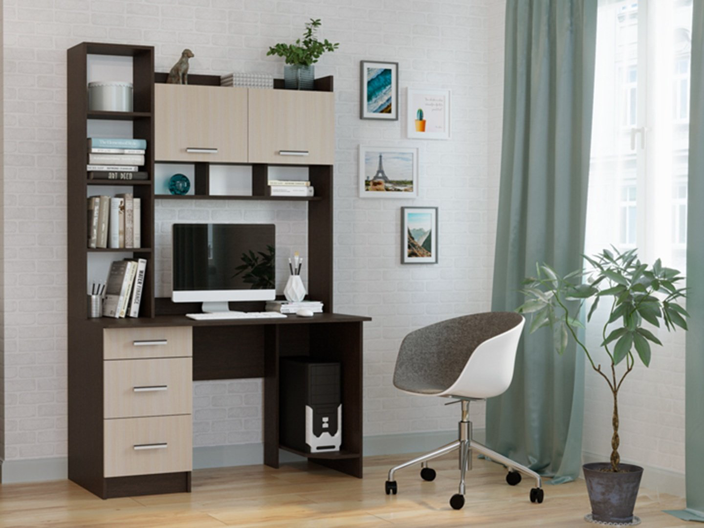 Стол компьютерный с надстройкой DOMA PK-5, 125х60x196 см, коричневый, бежевый