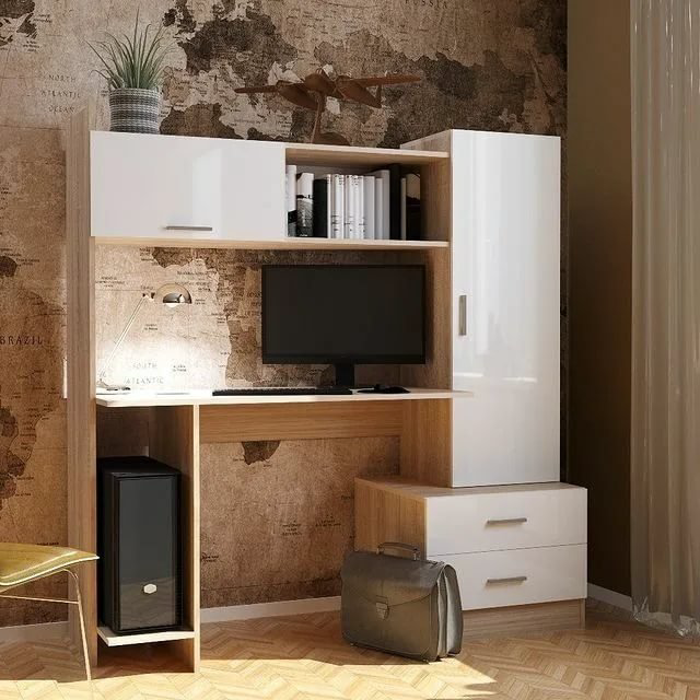 Стол компьютерный с надстройкой DOMA PK-7, 153.4х57x160 см, белый, светло-коричневый