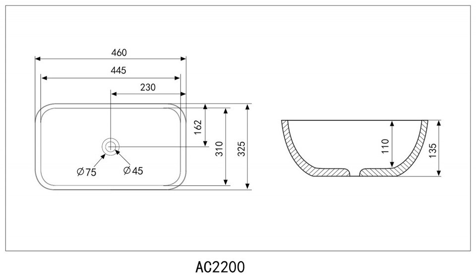 Раковина Abber Rechteck AC2200 накладная прямоугольная 46 см, фаянс купить,38390