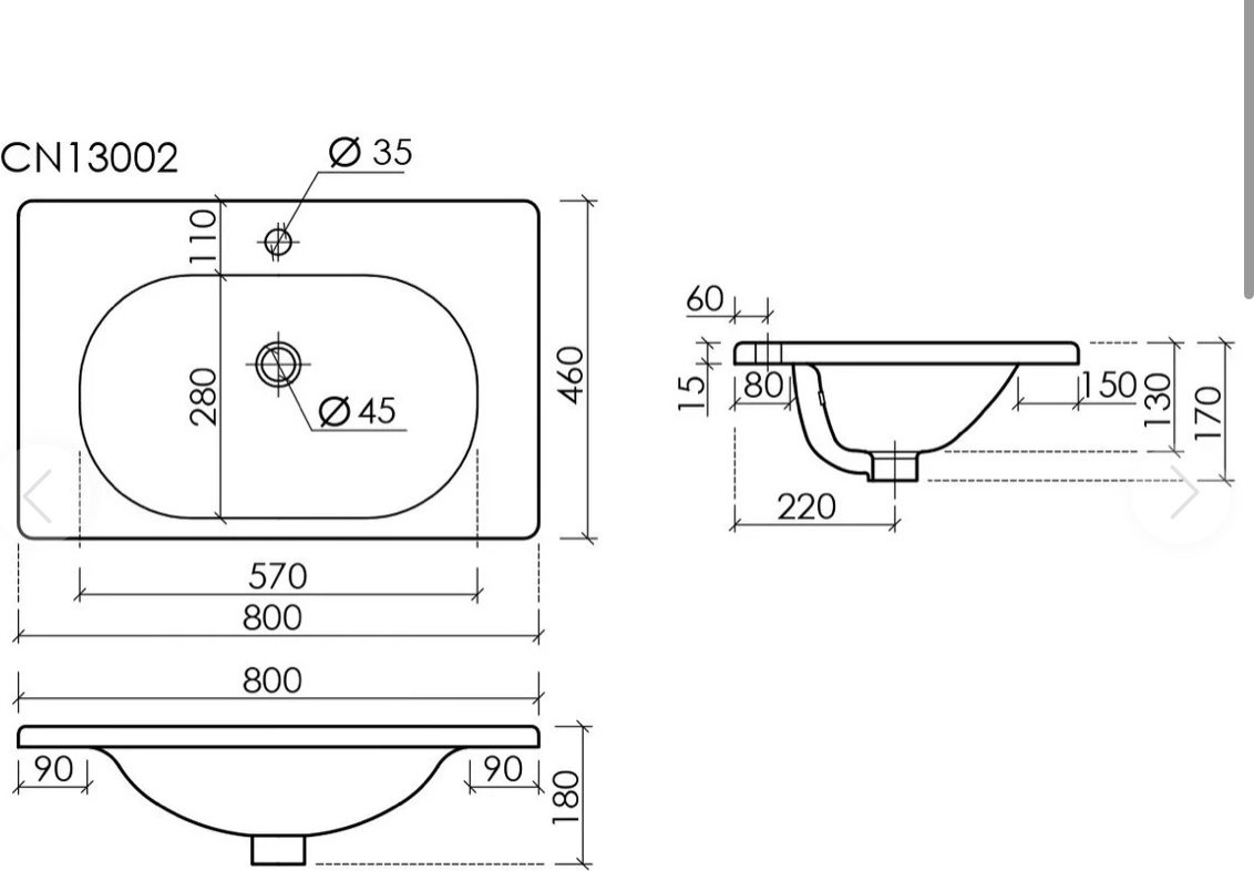 Раковина Ceramicanova Sabo CN13002 накладная прямоугольная 80, санфарфор