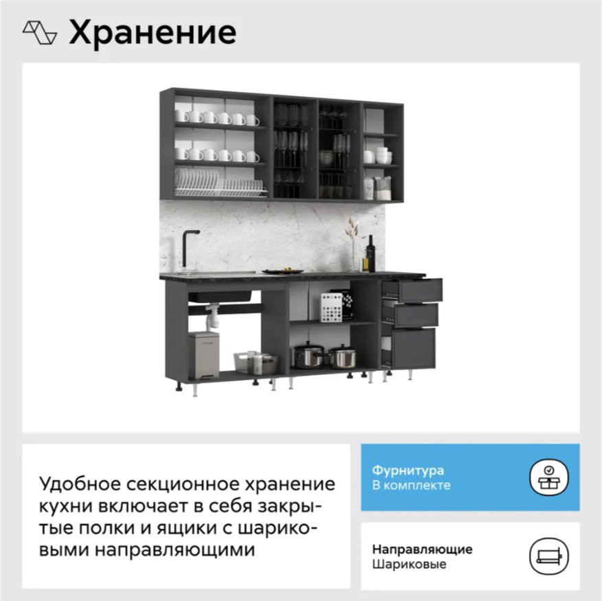 Кухонный гарнитур DOMA Кухонный гарнитур прямой N-200+подсветка, 200x234х60 см, ЛДСП, серый, графит купить,NaN