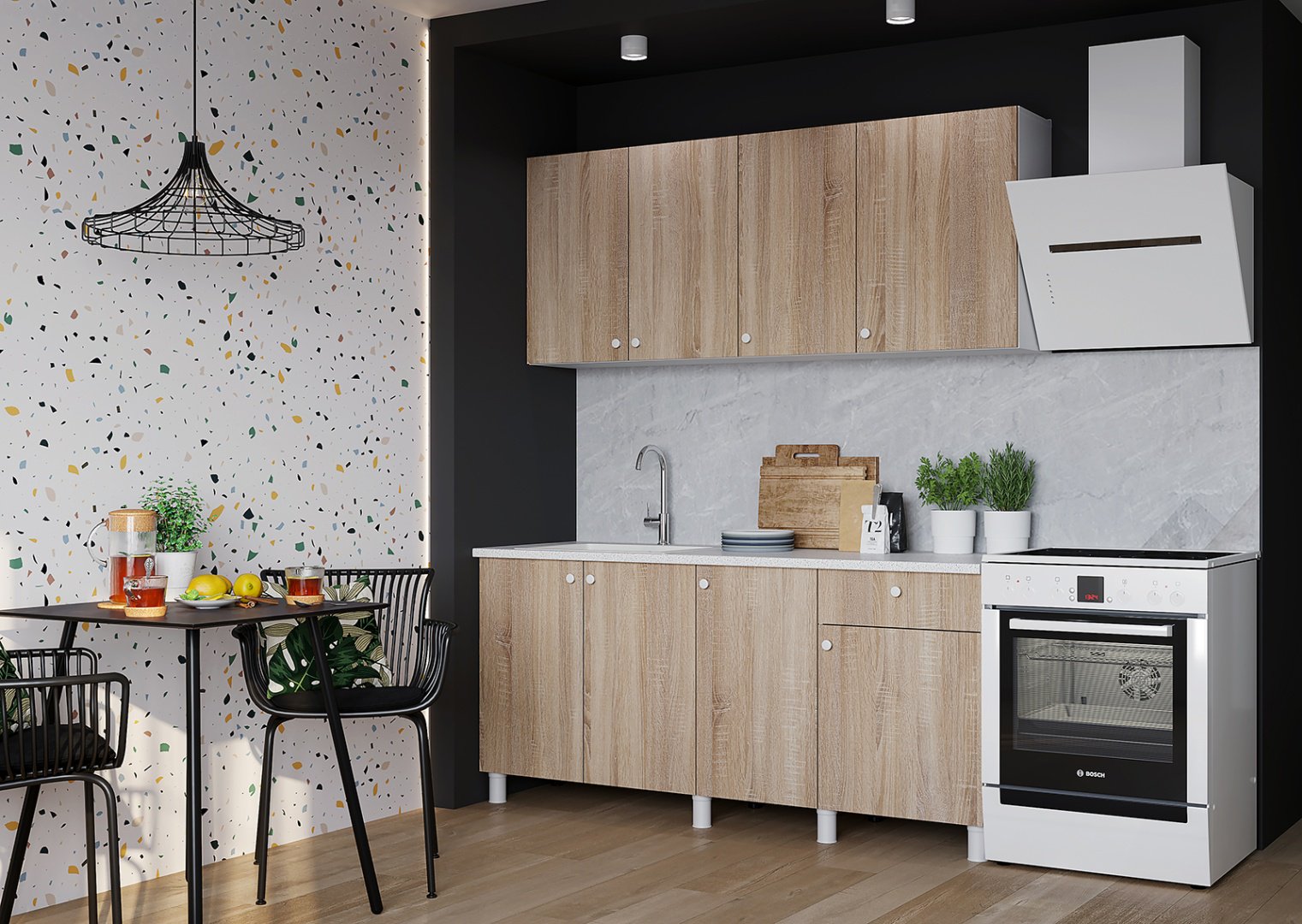 Кухонный гарнитур DOMA P-170, 170x210х60 см, ЛДСП, белый, светло-коричневый купить,NaN