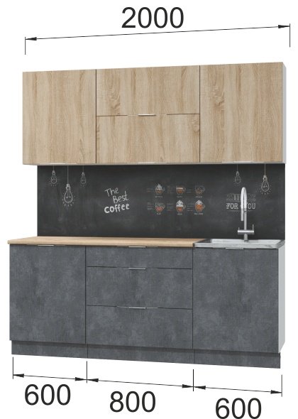 Кухонный гарнитур DOMA AS-LOFT, 200x210х60 см, ЛДСП, темно-серый, светло-коричневый купить,NaN