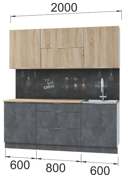 Кухонный гарнитур DOMA AS-LOFT, 200x210х60 см, ЛДСП, темно-серый, светло-коричневый купить,NaN