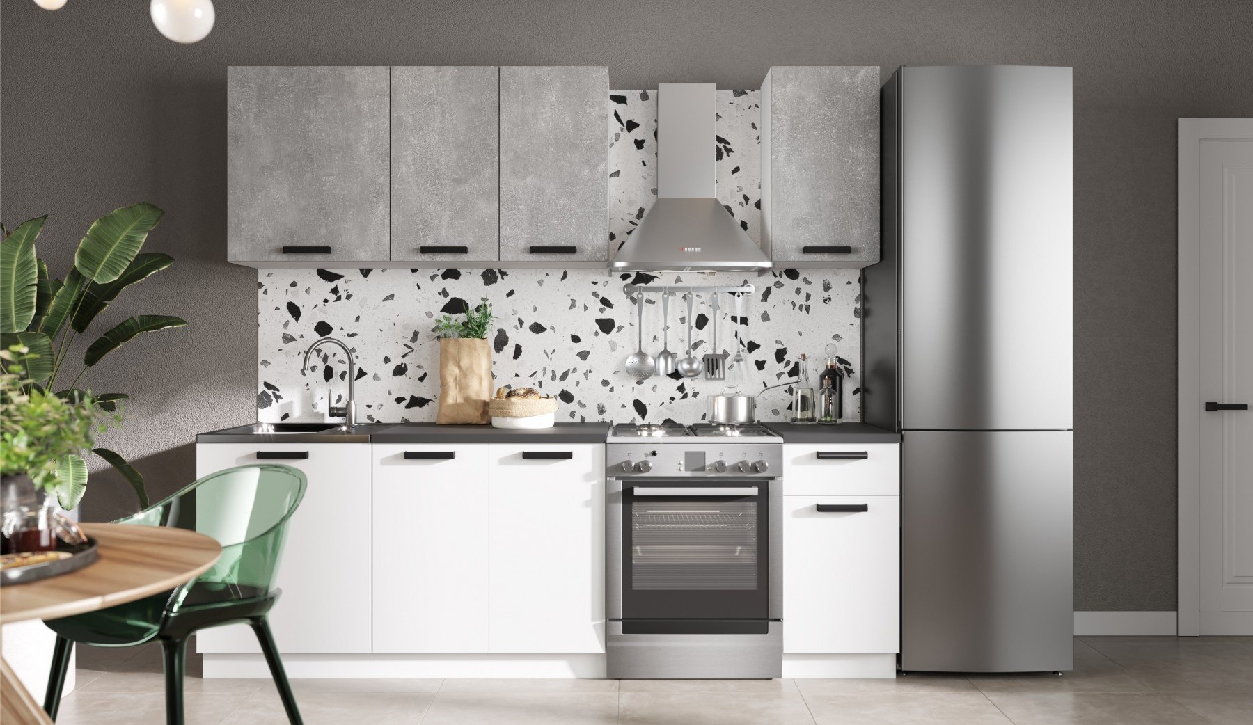 Кухонный гарнитур DOMA N-N-180, 180x215х60 см, ЛДСП, белый, серый купить,NaN