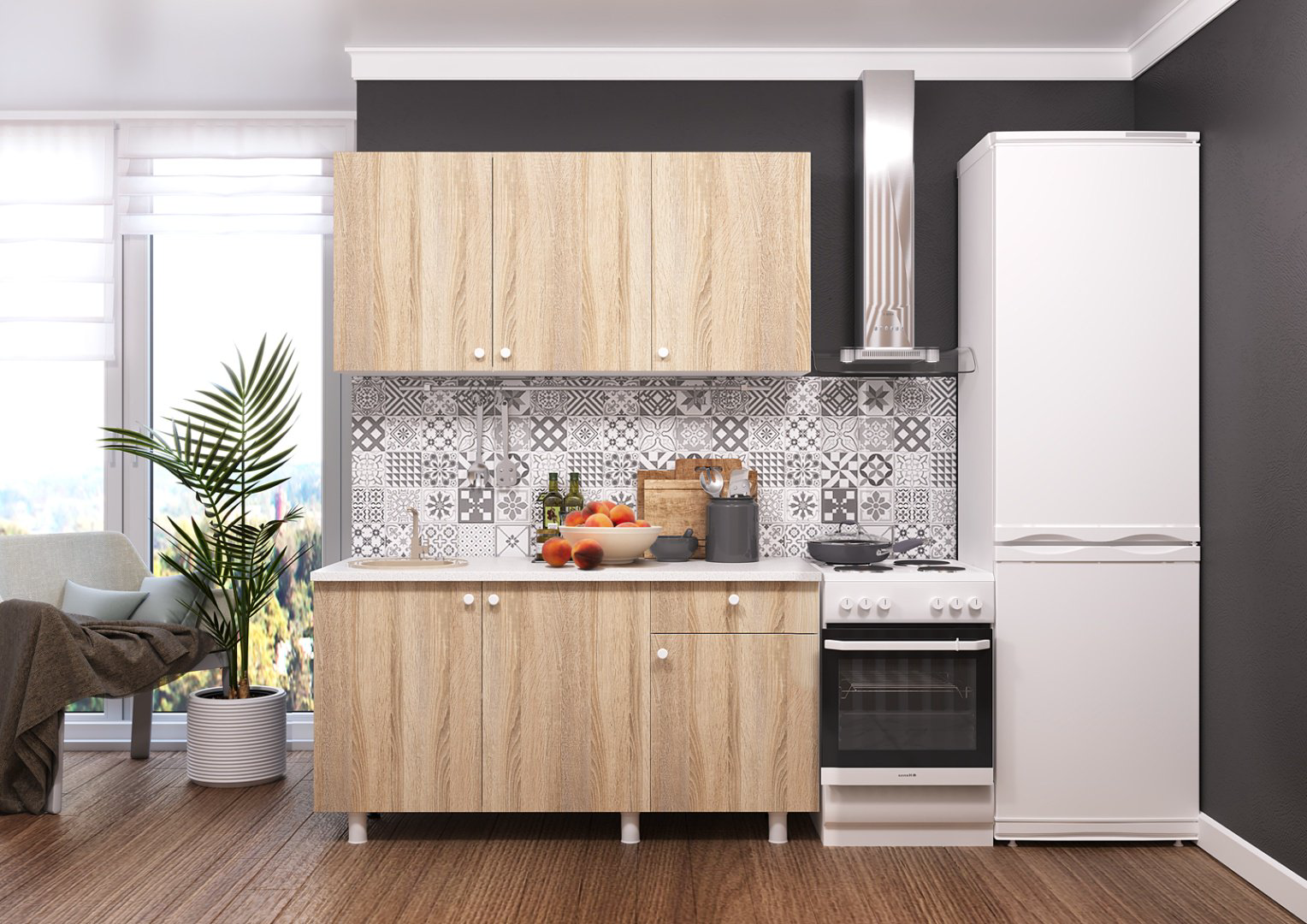 Кухонный гарнитур DOMA Point Lite, 150x220х60 см, ЛДСП, белый, светло-коричневый купить,NaN