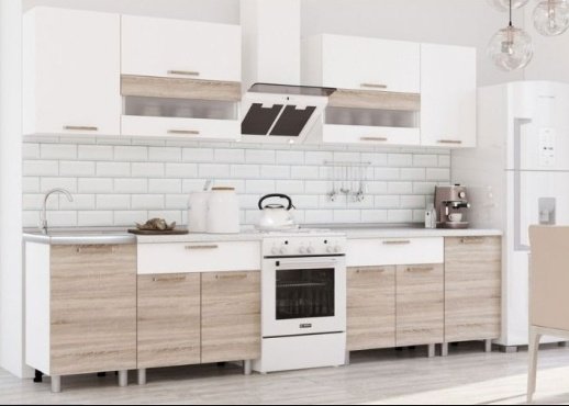 Кухонный гарнитур DOMA Ace Bery, 240x220х60 см, ЛДСП, белый, светло-коричневый купить,NaN