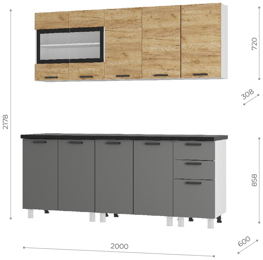 Кухонный гарнитур DOMA KR-2.0 м тип 2, 200x200х60 см, ЛДСП, коричневый, темно-серый купить,NaN