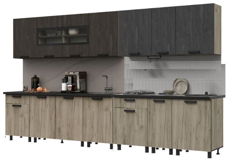 Кухонный гарнитур DOMA EDING 360, 360x220х60 см, ЛДСП, серый, коричневый купить,NaN