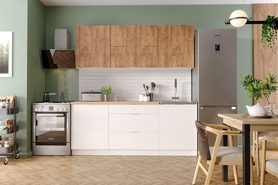 Кухонный гарнитур DOMA Asti Vait, 160x210х60 см, МДФ, белый, светло-коричневый купить,NaN