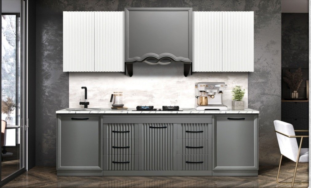 Кухонный гарнитур DOMA Braun, 240x227х60 см, ЛДСП, белый, серый