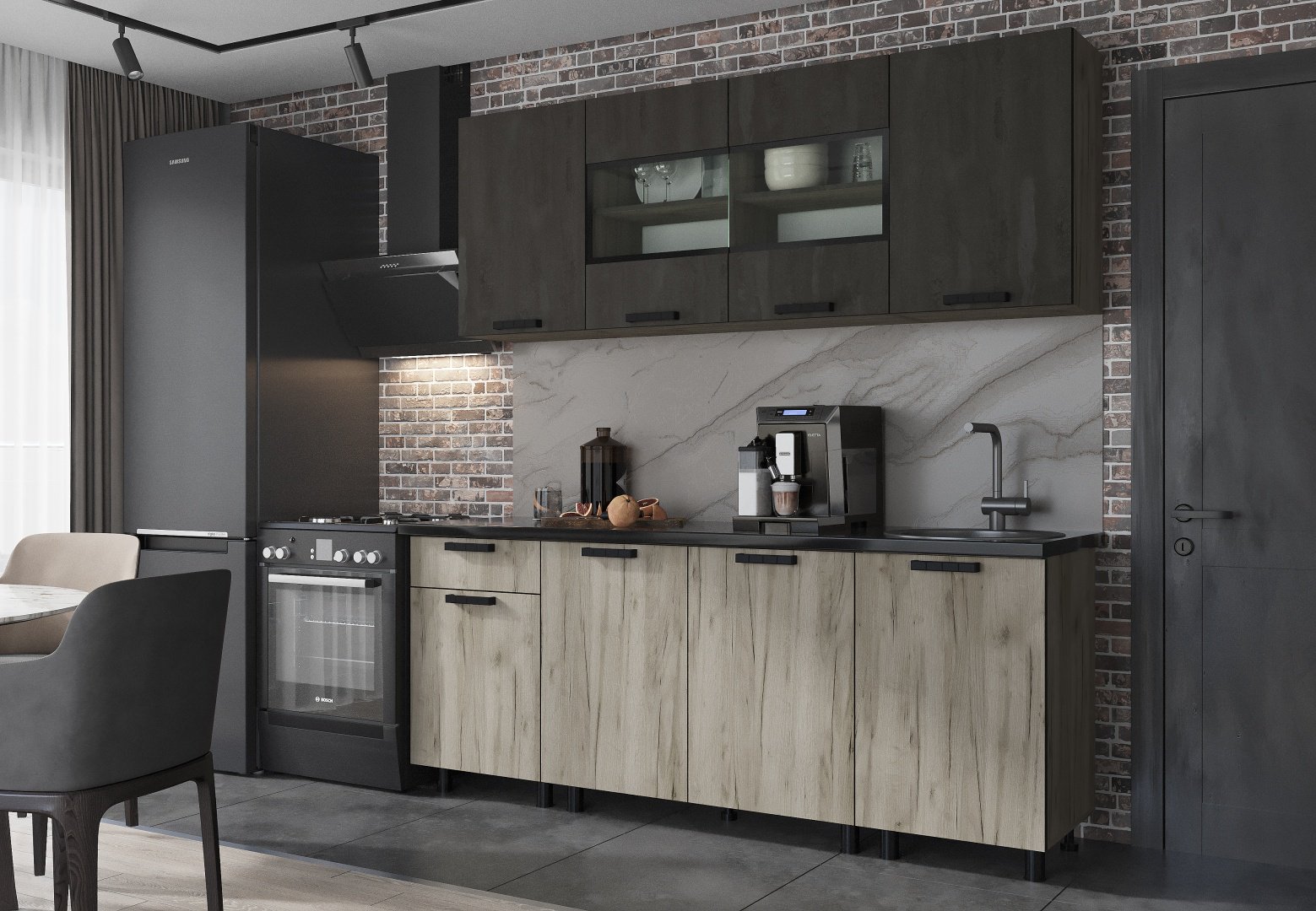 Кухонный гарнитур DOMA , 200x216х60 см, ЛДСП, черный, серый