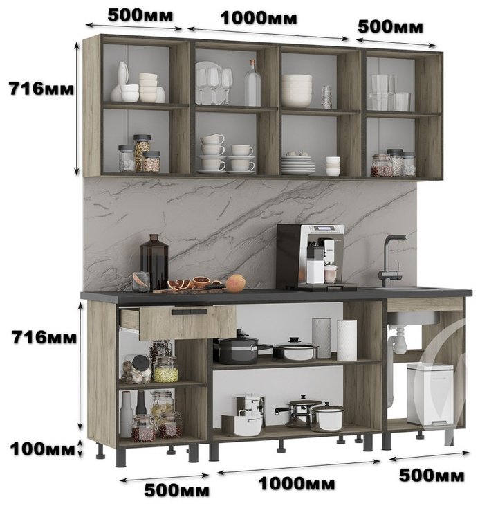 Кухонный гарнитур DOMA , 200x216х60 см, ЛДСП, черный, серый