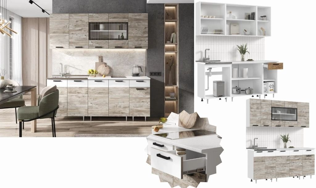Кухонный гарнитур DOMA R-1.8М, 180x210х60 см, ЛДСП, белый, серый купить,NaN