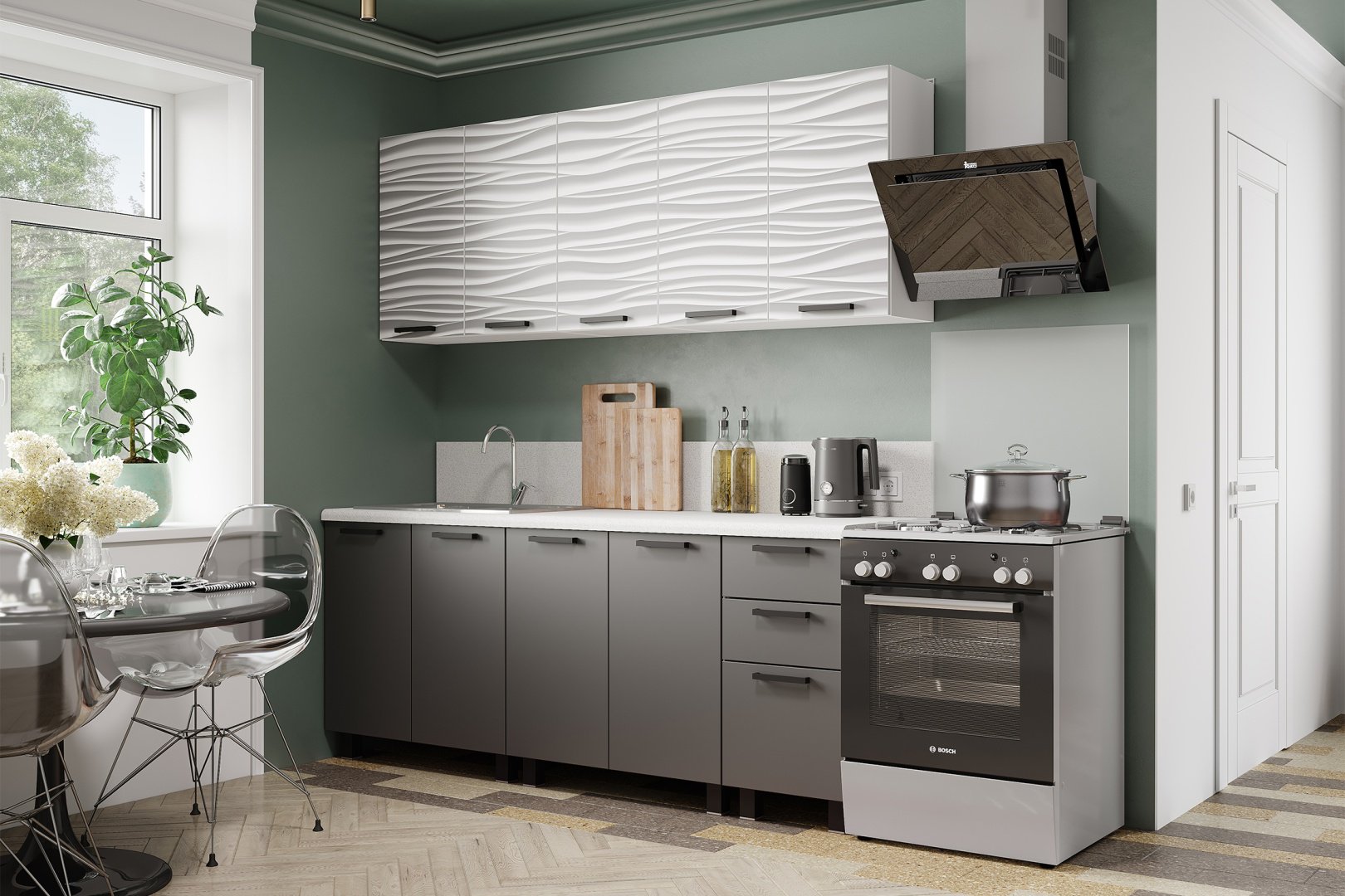 Кухонный гарнитур DOMA R-200, 200x210х60 см, ЛДСП, белый, серый купить,NaN