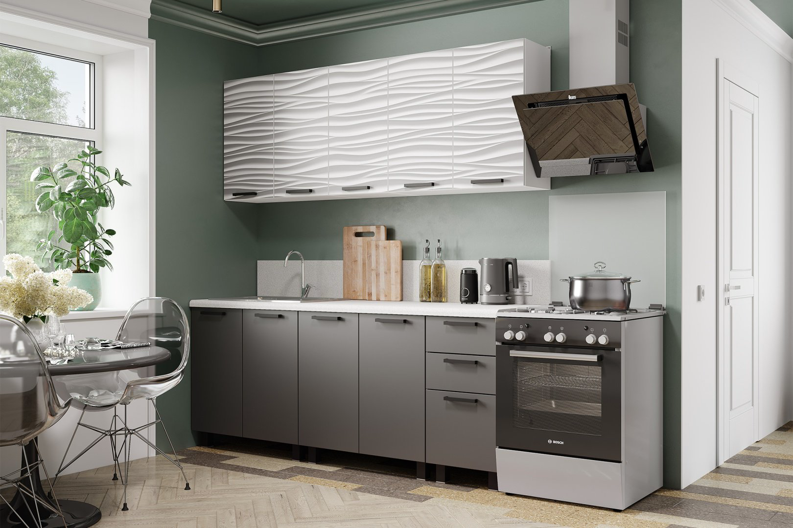 Кухонный гарнитур DOMA R-200, 200x210х60 см, ЛДСП, белый, серый купить,NaN