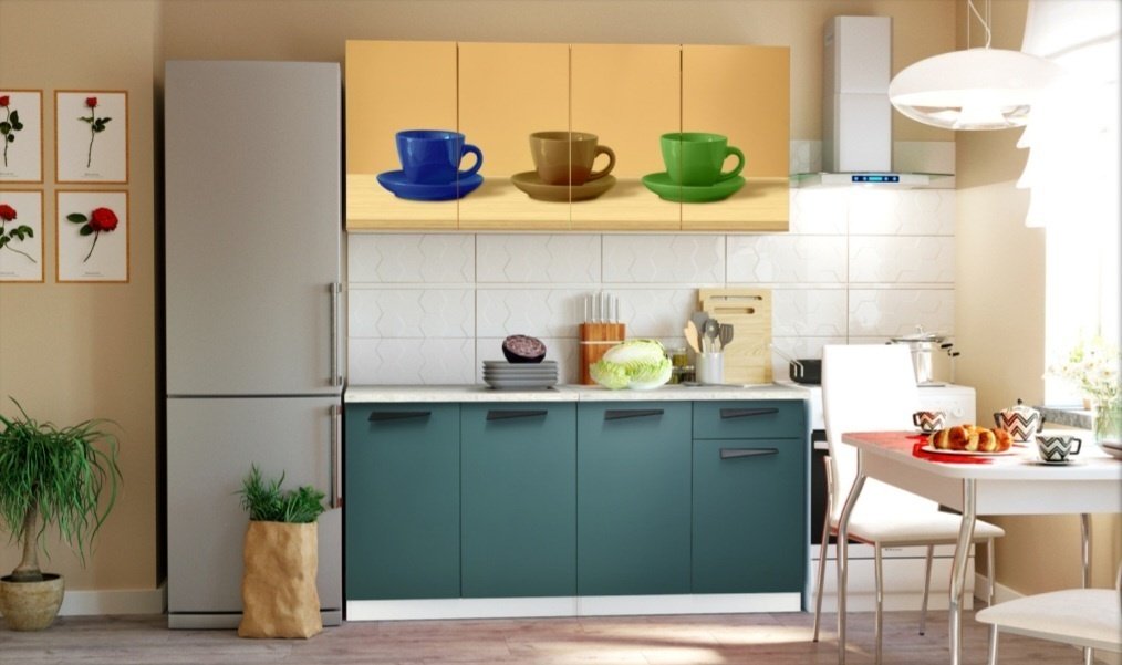 Кухонный гарнитур DOMA Monka, 160x216х60 см, ЛДСП, зеленый, оранжевый купить,NaN
