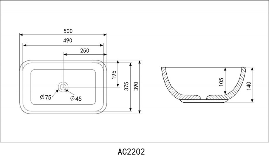 Раковина Abber AC2202 накладная прямоугольная 50 см, фаянс купить,173627