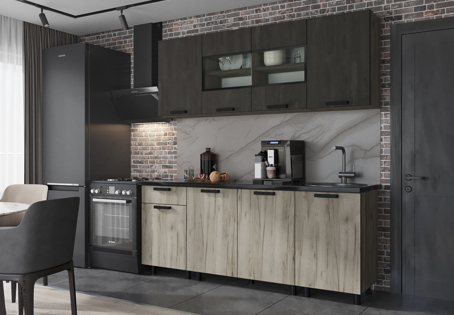 Кухонный гарнитур DOMA Edinberg, 200x216х60 см, ЛДСП, серый, коричневый купить,NaN