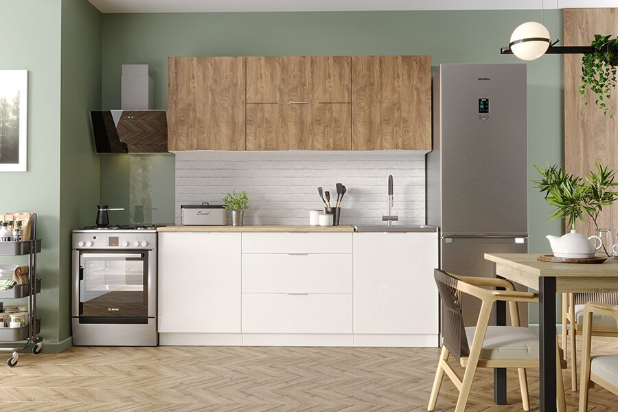 Кухонный гарнитур DOMA , 180x210х60 см, ЛДСП, белый, светло-коричневый купить,NaN