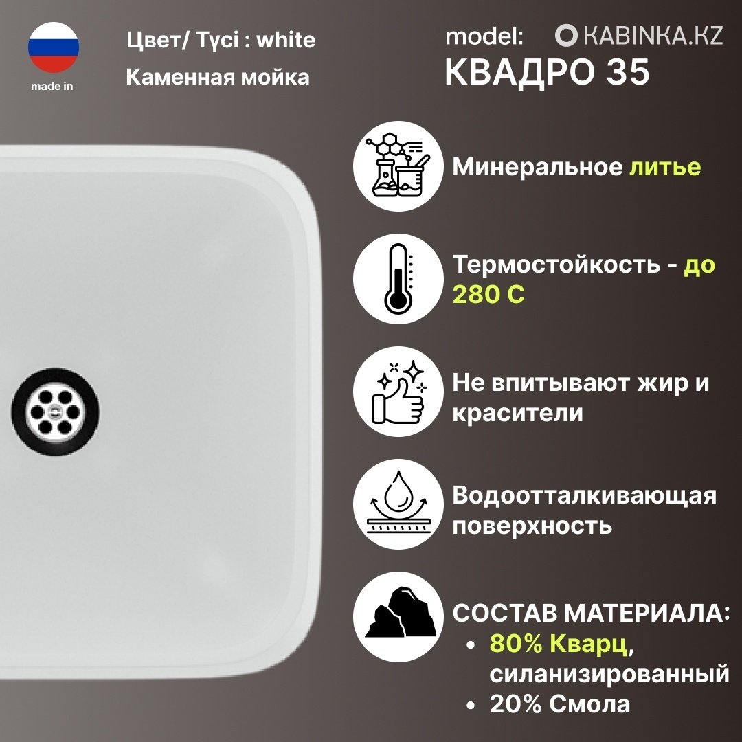Раковина KABINKA.KZ Квадро 35 накладная квадратная 38 см, искусственный камень купить,NaN