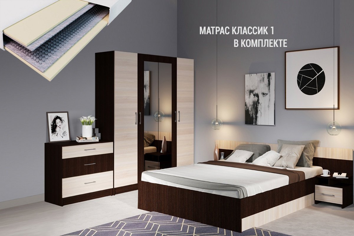 Гарнитур IMPERIAL Алёна 4Д, предметов в наборе 6 шт, кровать 160х200 см, венге темный, дуб молочный купить,NaN