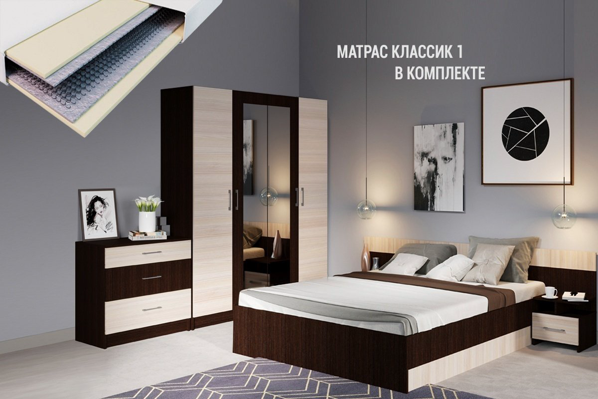 Гарнитур IMPERIAL Алёна 4Д, предметов в наборе 6 шт, кровать 160х200 см, венге темный, дуб молочный купить,NaN