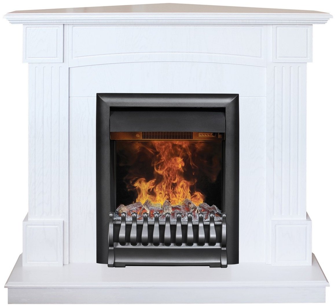 Электрокамин Real Flame напольный Andrea Corner WT с очагом 3D Oregan (970х1045х670, МДФ,фактурный белый)