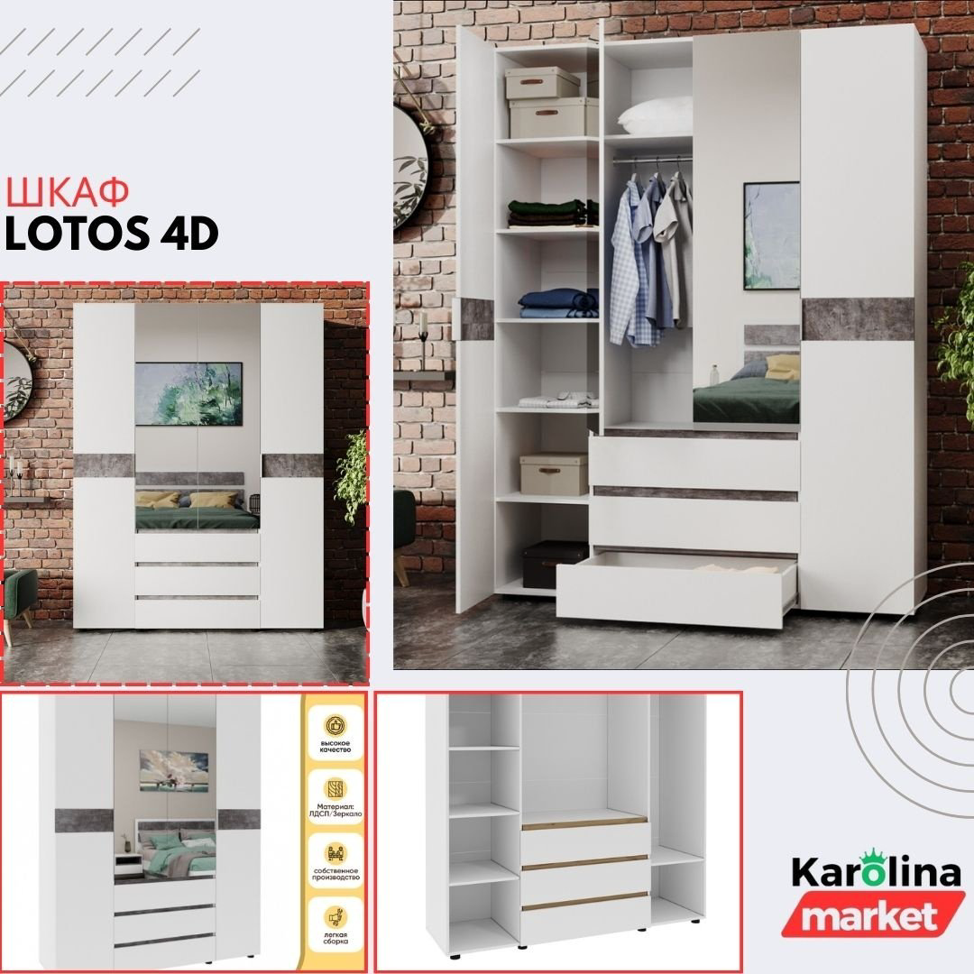 Распашной шкаф DOMA Lotos 4D 94151, 160x210.8х51 см, белый, серый купить,NaN