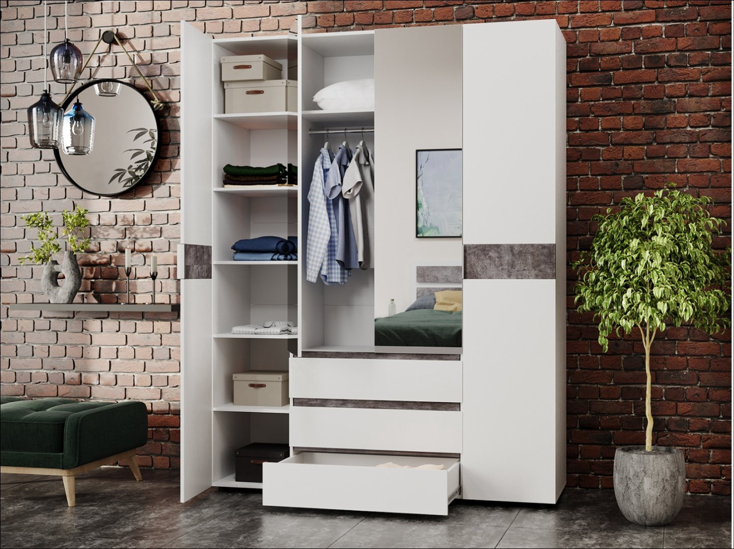 Распашной шкаф DOMA Lotos 4D 94151, 160x210.8х51 см, белый, серый купить,NaN