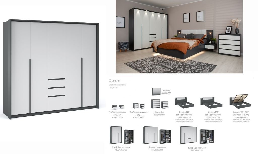 Распашной шкаф DOMA DJL 5D, 226x209х60.5 см, темно-серый, белый купить,NaN