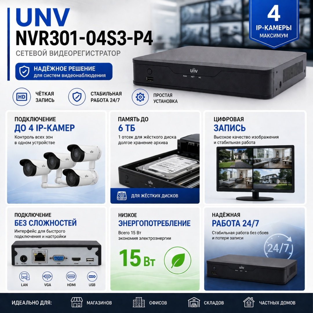 Видеорегистратор UNV NVR (сетевой) NVR301-04S3-P4 купить,NaN
