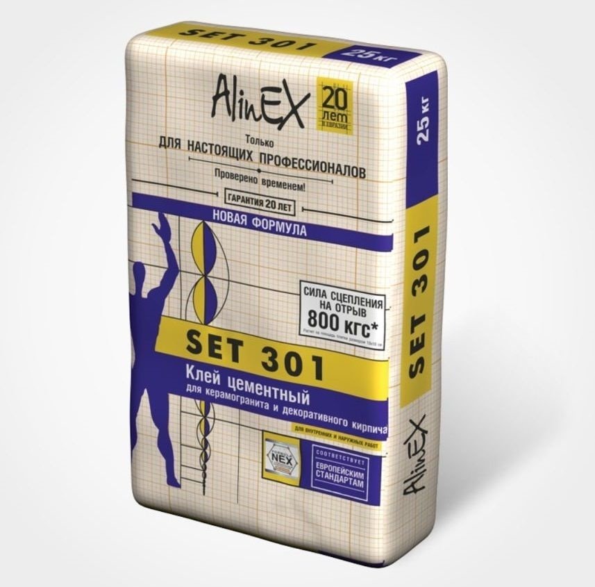 Клей для керамогранита и декоративного кирпича Alinex SET 301 25 кг