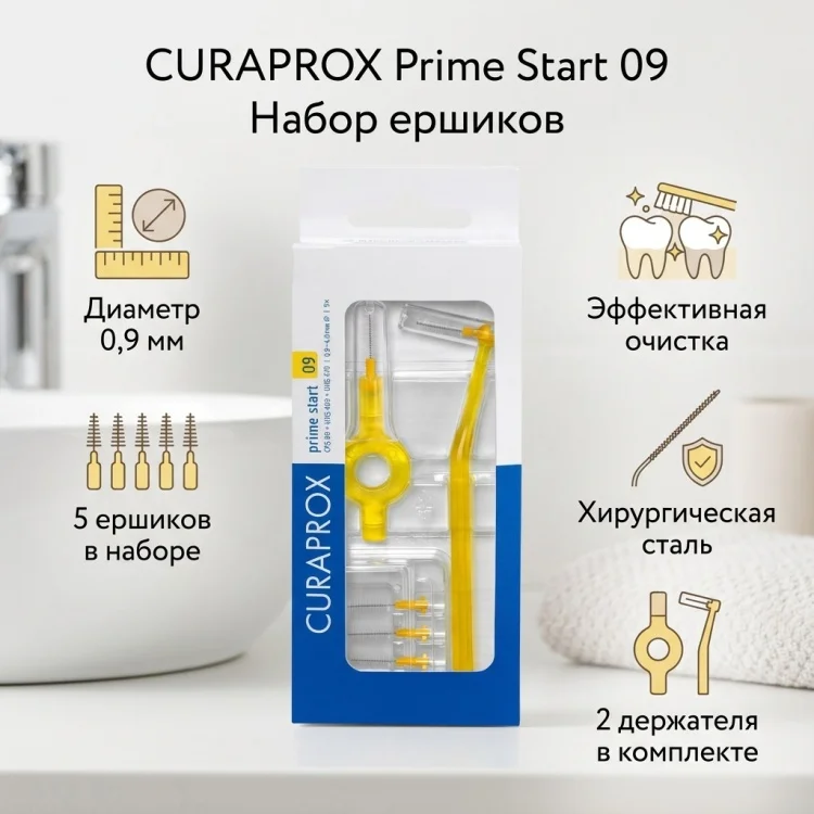 Набор ершиков Curaprox Prime Start 09 жесткий 5шт желтый купить,NaN