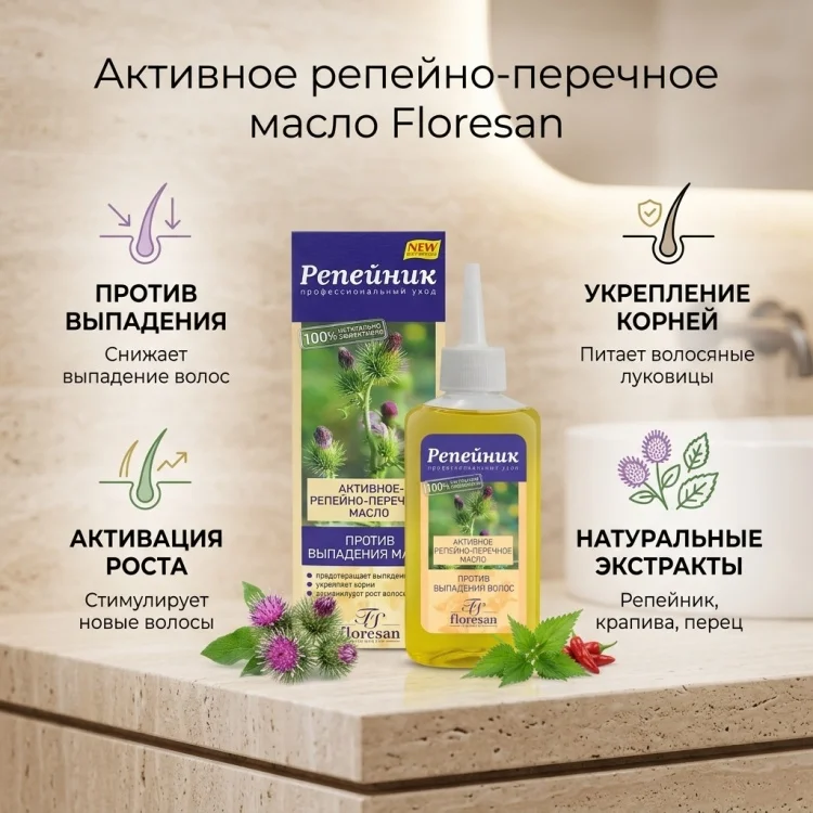 Масло для волос Floresan Активное репейно-перечное 100мл купить,NaN