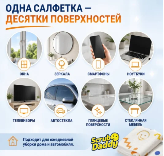 Тряпка Scrub Daddy Streakless Cloths 4 шт, полиамид
