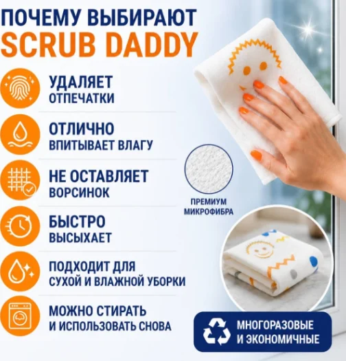 Тряпка Scrub Daddy Streakless Cloths 4 шт, полиамид