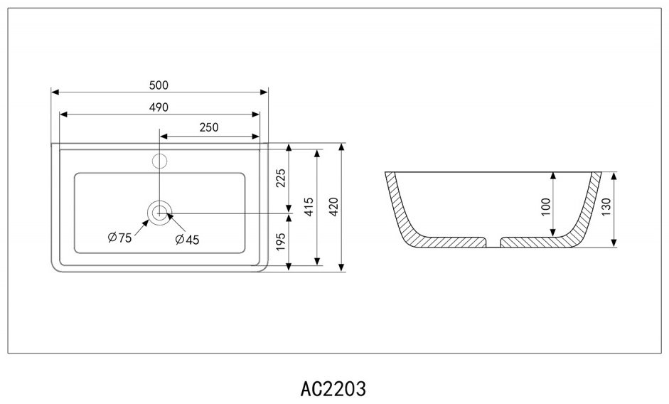 Раковина накладная 50 см Abber Rechteck AC2203MB