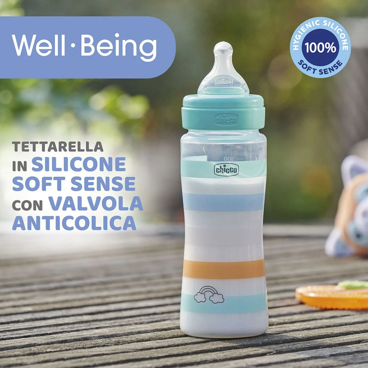 Бутылочка Chicco Wellbeing для кормления 330 мл 4м+ зеленая купить,0