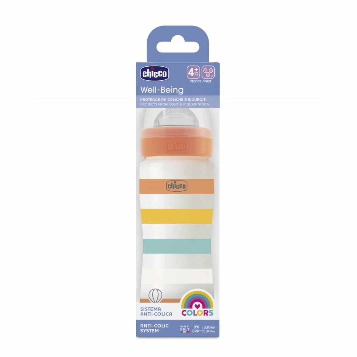 Бутылочка Chicco Wellbeing для кормления 330 мл 4м+ оранжевый купить,0