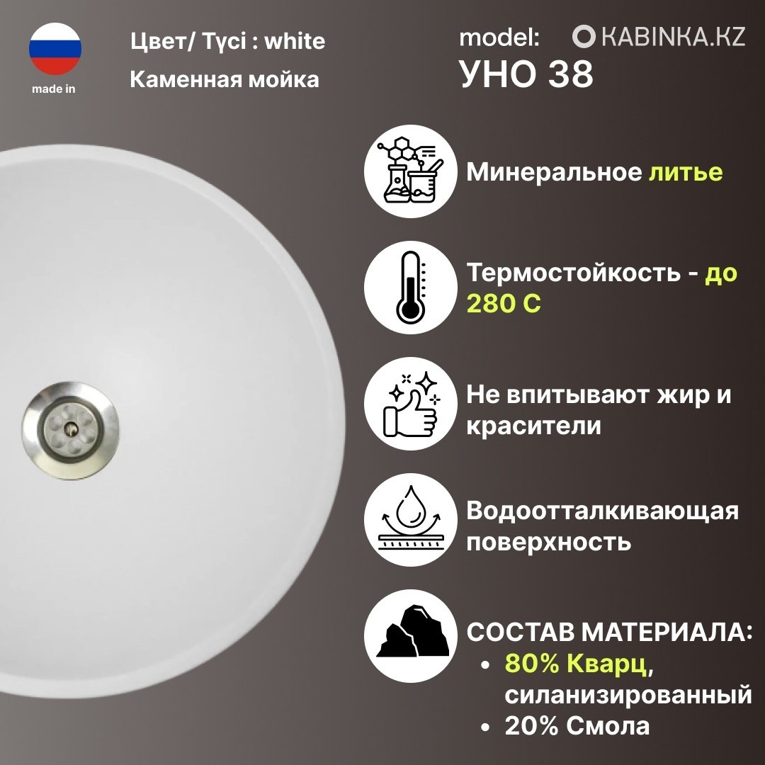 Раковина KABINKA.KZ Уно 38 накладная круглая 38 см, искусственный камень