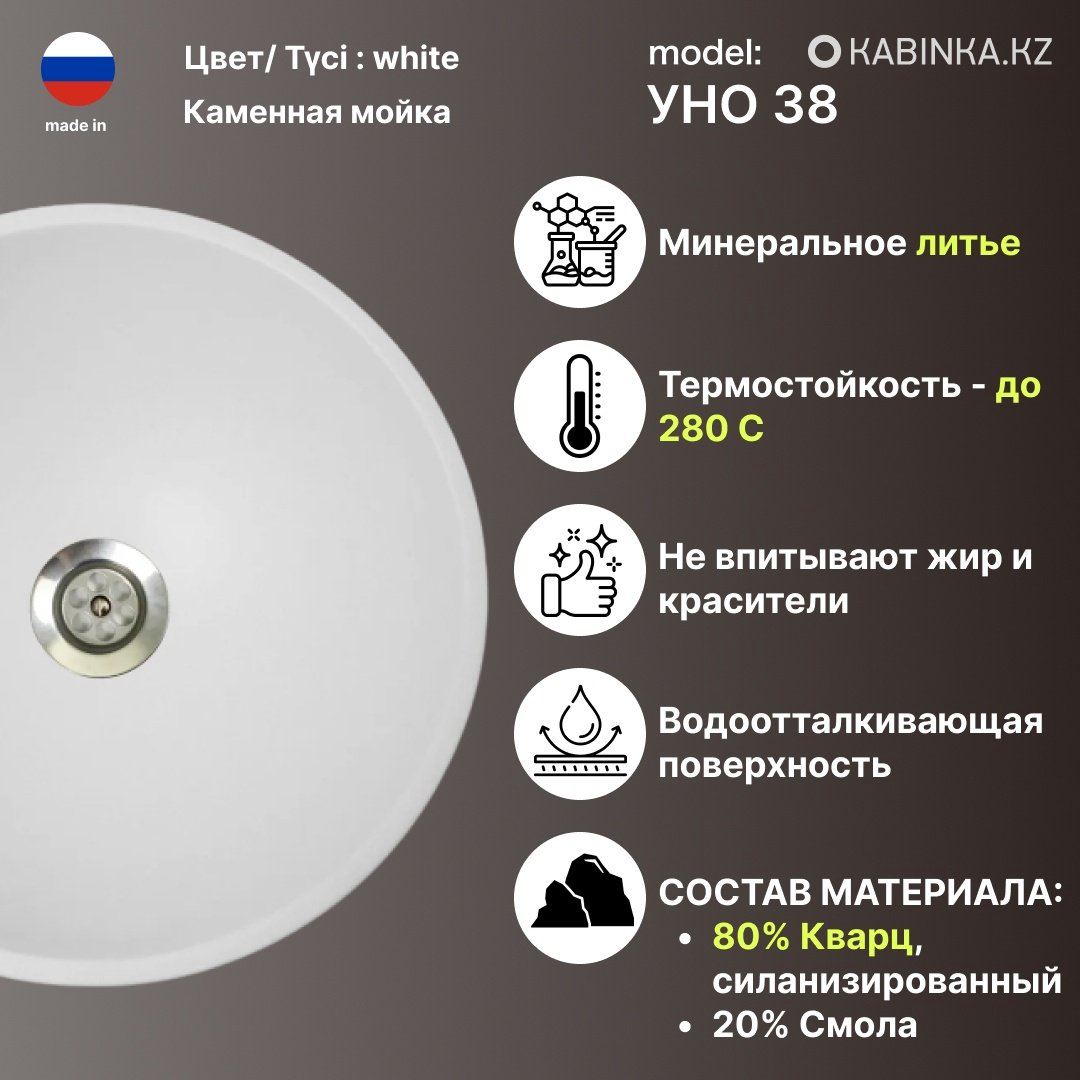 Раковина KABINKA.KZ Уно 38 накладная круглая 38 см, искусственный камень купить,NaN